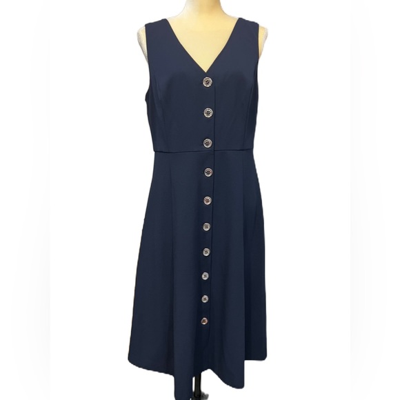 Tommy Hilfiger Women's Button-Front V neck Navy Midi Dress Size 12 - Picture 1 of 8